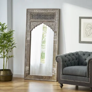 antique-teak-archway-carved-columns-distressed-indian-floor-mirror