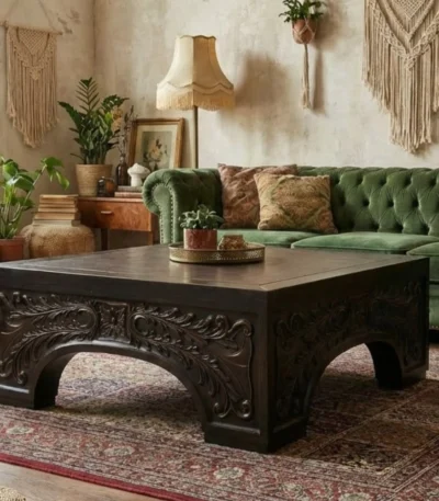 ornately-carved-leather-top-coffee-table