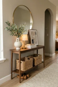 stylish-console-table-with-led-round-wall-mirror