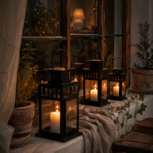black-lantern-candles-set-for-cozy-patio-decor