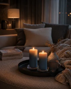 cozy-blue-pillar-candle-for-coffee-table-decor