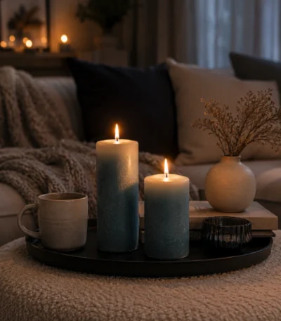 cozy-blue-pillar-candles-for-coffee-table-decor