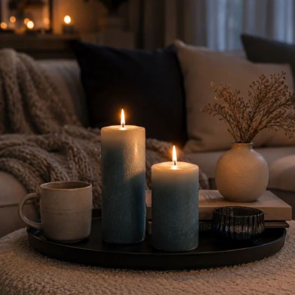 cozy-blue-pillar-candles-for-coffee-table-decor