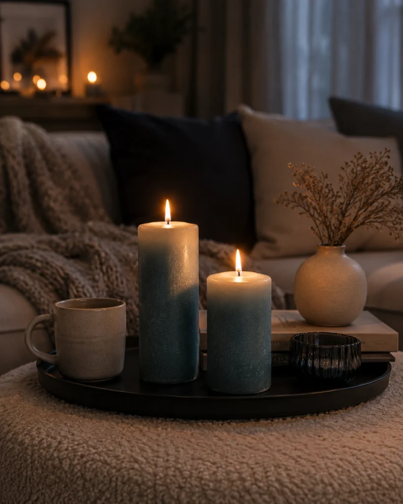 cozy-blue-pillar-candles-for-coffee-table-decor