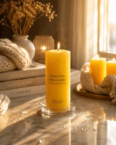 golden-glow-pillar-candles-for-cozy-coffee-table-decor