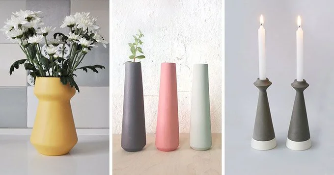 the yellow, pink and green vases with the candle holders