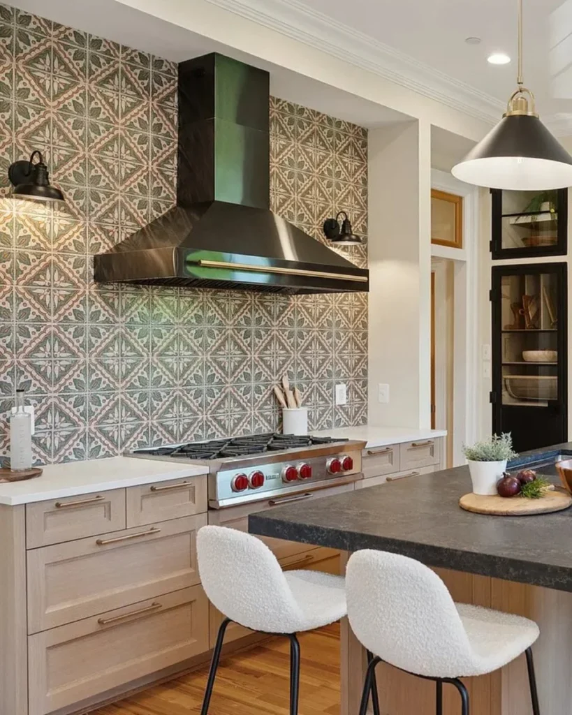 Two small wall sconces mounted right onto the pattern, which takes some nerve.