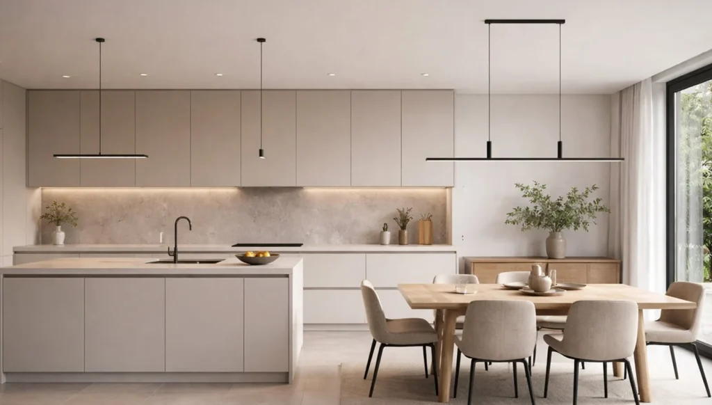 open-plan kitchen with rich wood cabinetry and marble